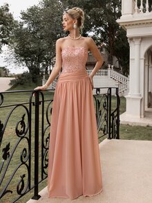 Poshira Women's Sequin Patchwork Chiffon Strapless Long Formal Evening Gown (Heavy Embellishment) - Dusty Pink - View 4