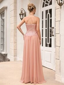Poshira Women's Sequin Patchwork Chiffon Strapless Long Formal Evening Gown (Heavy Embellishment) - Dusty Pink - View 2