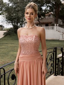 Poshira Women's Sequin Patchwork Chiffon Strapless Long Formal Evening Gown (Heavy Embellishment) - Dusty Pink - View 5