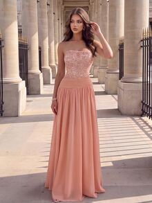 Poshira Women's Sequin Patchwork Chiffon Strapless Long Formal Evening Gown (Heavy Embellishment) - Dusty Pink - View 8