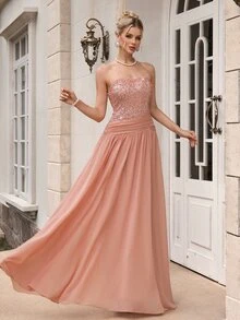 Poshira Women's Sequin Patchwork Chiffon Strapless Long Formal Evening Gown (Heavy Embellishment) - Dusty Pink - View 3