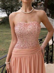 Poshira Women's Sequin Patchwork Chiffon Strapless Long Formal Evening Gown (Heavy Embellishment) - Dusty Pink - View 7