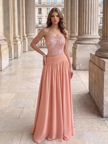 Poshira Women's Sequin Patchwork Chiffon Strapless Long Formal Evening Gown (Heavy Embellishment) - Dusty Pink - View 10