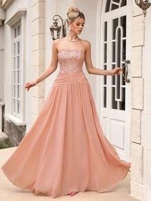 Poshira Women's Sequin Patchwork Chiffon Strapless Long Formal Evening Gown (Heavy Embellishment) - Dusty Pink - View 6