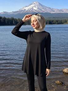 SHEIN Sports Women's Sports Set, Middle Eastern Conservative Style, Pure Black, Loose And Comfortable, Suitable For Sports And Casual Wear - Black - View 7