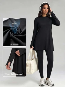 SHEIN Sports Women's Sports Set, Middle Eastern Conservative Style, Pure Black, Loose And Comfortable, Suitable For Sports And Casual Wear - Black - View 1