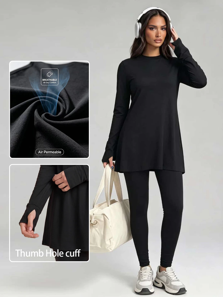 SHEIN Sports Women's Sports Set, Middle Eastern Conservative Style, Pure Black, Loose And Comfortable, Suitable For Sports And Casual Wear - Black - View 1