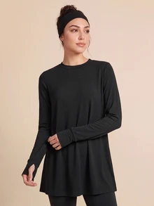 SHEIN Sports Women's Sports Set, Middle Eastern Conservative Style, Pure Black, Loose And Comfortable, Suitable For Sports And Casual Wear - Black - View 4