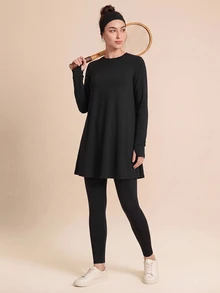 SHEIN Sports Women's Sports Set, Middle Eastern Conservative Style, Pure Black, Loose And Comfortable, Suitable For Sports And Casual Wear - Black - View 6