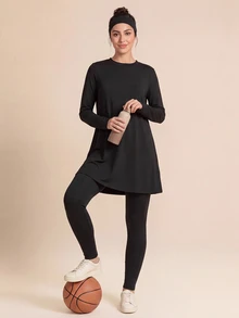 SHEIN Sports Women's Sports Set, Middle Eastern Conservative Style, Pure Black, Loose And Comfortable, Suitable For Sports And Casual Wear - Black - View 3
