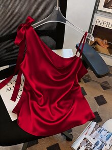 GlowEve CURVE Plus Size Women Sexy One-Shoulder Chiffon Solid Color Blouse - Burgundy - View 3