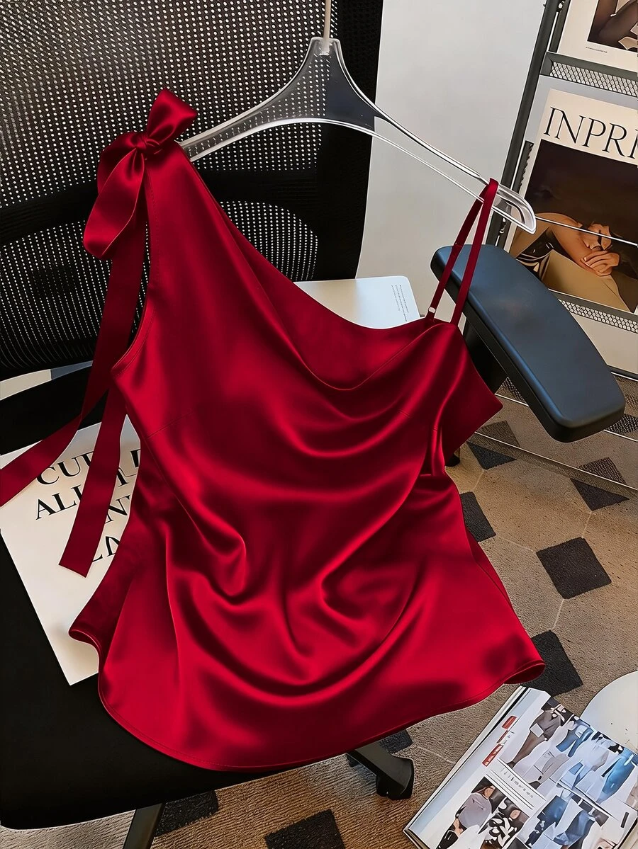 GlowEve CURVE Plus Size Women Sexy One-Shoulder Chiffon Solid Color Blouse - Burgundy - View 1