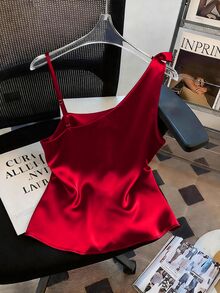 GlowEve CURVE Plus Size Women Sexy One-Shoulder Chiffon Solid Color Blouse - Burgundy - View 8