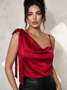 GlowEve CURVE Plus Size Women Sexy One-Shoulder Chiffon Solid Color Blouse - Burgundy - View 2