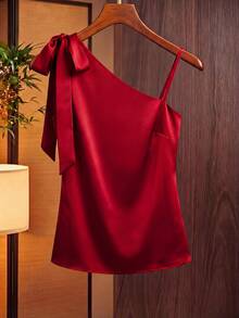 GlowEve CURVE Plus Size Women Sexy One-Shoulder Chiffon Solid Color Blouse - Burgundy - View 7
