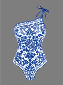 Swim Oasis 2026新款時尚性感女款一件式泳衣 聚酯纖維定位印花 度假海灘裙兩件套 - 寶藍色 - 查看 3