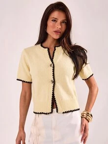 SHEIN BAE 女款金色鈕扣毛絨針織開襟衫 - 黃色 - 查看 3