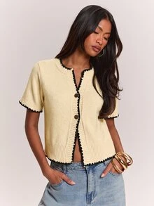 SHEIN BAE 女款金色鈕扣毛絨針織開襟衫 - 黃色 - 查看 5