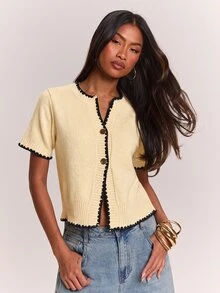 SHEIN BAE 女款金色鈕扣毛絨針織開襟衫 - 黃色 - 查看 4