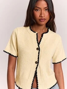 SHEIN BAE 女款金色鈕扣毛絨針織開襟衫 - 黃色 - 查看 8