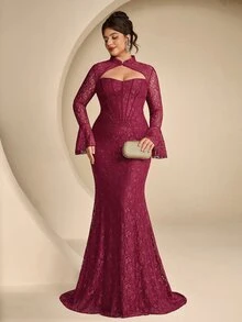 Coutiva Gaun Malam Formal Elegan Berenda dengan Kerah Cheongsam untuk Wanita Ukuran Besar (Desain Rumit) - Burgundy - View 4