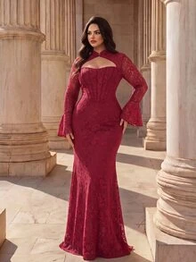 Coutiva Gaun Malam Formal Elegan Berenda dengan Kerah Cheongsam untuk Wanita Ukuran Besar (Desain Rumit) - Burgundy - View 13