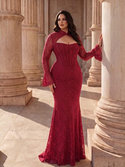 Coutiva Plus Size Women's Cheongsam Collar Flared Sleeve Elegant Lace Formal Evening Gown (Intricate Design)