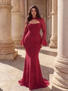 Coutiva Gaun Malam Formal Elegan Berenda dengan Kerah Cheongsam untuk Wanita Ukuran Besar (Desain Rumit) - Burgundy - View 11