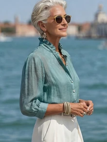 Balvessa Middle-Aged And Elderly Women's Summer Long Sleeve Button-Up Ruffle Collar Blouse - Green - View 3