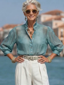 Balvessa Middle-Aged And Elderly Women's Summer Long Sleeve Button-Up Ruffle Collar Blouse - Green - View 6