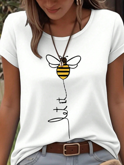 EMERY ROSE Minimalistisches Bienen- und Buchstaben-Grafik-Rundhals-Kurzarm-T-Shirt