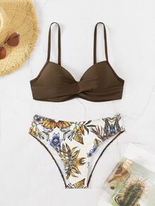 Swim Vcay Women's Summer Beach Cross Front Bra & Tropical Plant Print Bikini Bottom Bikini Set Bathing Suit, Random Print - Brown - View 7