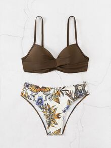 Swim Vcay Women's Summer Beach Cross Front Bra & Tropical Plant Print Bikini Bottom Bikini Set Bathing Suit, Random Print - Brown - View 6