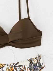 Swim Vcay Women's Summer Beach Cross Front Bra & Tropical Plant Print Bikini Bottom Bikini Set Bathing Suit, Random Print - Brown - View 4