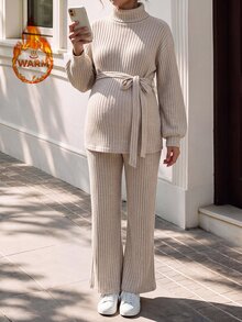 Momance Brown Long Elegant Maternity 2 Pieces Set Ribbed Knit Fabric Casual Top With Cinched Cinched Waist Straight Leg Pants - Brown - View 8