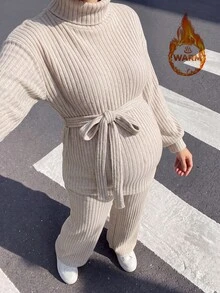 Momance Brown Long Elegant Maternity 2 Pieces Set Ribbed Knit Fabric Casual Top With Cinched Cinched Waist Straight Leg Pants - Brown - View 10