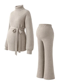 Momance Brown Long Elegant Maternity 2 Pieces Set Ribbed Knit Fabric Casual Top With Cinched Cinched Waist Straight Leg Pants - Brown - View 3