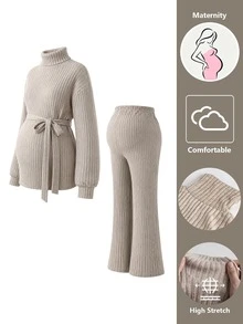 Momance Brown Long Elegant Maternity 2 Pieces Set Ribbed Knit Fabric Casual Top With Cinched Cinched Waist Straight Leg Pants - Brown - View 9