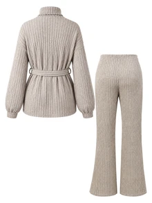 Momance Brown Long Elegant Maternity 2 Pieces Set Ribbed Knit Fabric Casual Top With Cinched Cinched Waist Straight Leg Pants - Brown - View 2