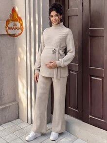 Momance Brown Long Elegant Maternity 2 Pieces Set Ribbed Knit Fabric Casual Top With Cinched Cinched Waist Straight Leg Pants - Brown - View 1