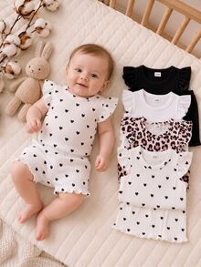 SHEIN Playful Pals 8pcs/ Baby Girl 0-3 Years Old Spring/Summer New Arrival Casual Everyday Outing Cute Solid Color Knitted Ribbed Short Sleeve Tee Shirt Top And Shorts - Multicolor - View 3