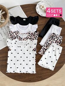 SHEIN Playful Pals 8pcs/ Baby Girl 0-3 Years Old Spring/Summer New Arrival Casual Everyday Outing Cute Solid Color Knitted Ribbed Short Sleeve Tee Shirt Top And Shorts - Multicolor - View 2