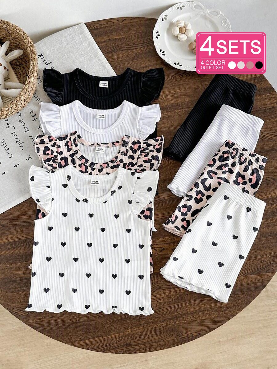SHEIN Playful Pals 8pcs/ Baby Girl 0-3 Years Old Spring/Summer New Arrival Casual Everyday Outing Cute Solid Color Knitted Ribbed Short Sleeve Tee Shirt Top And Shorts