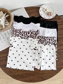 SHEIN Playful Pals 8pcs/ Baby Girl 0-3 Years Old Spring/Summer New Arrival Casual Everyday Outing Cute Solid Color Knitted Ribbed Short Sleeve Tee Shirt Top And Shorts - Multicolor - View 4