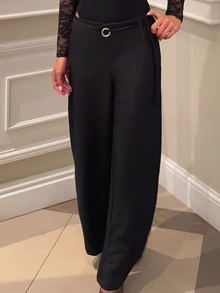 Wiktoria Wolska Women's Casual Plain Grey Wide-Leg Relaxed Fit Trousers With Drawstring & Mesh Panel Decoration, Versatile For Everyday Wear & Commute ,Business Woman - Black - View 7