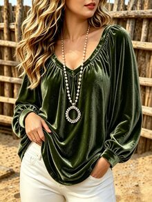 Linhara CURVE Plus Size Elegant Commuter Solid Color Long Sleeve Blouse Fall - Dark Green - View 4