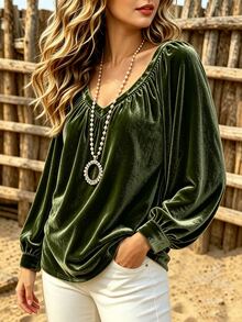 Linhara CURVE Plus Size Elegant Commuter Solid Color Long Sleeve Blouse Fall - Dark Green - View 5