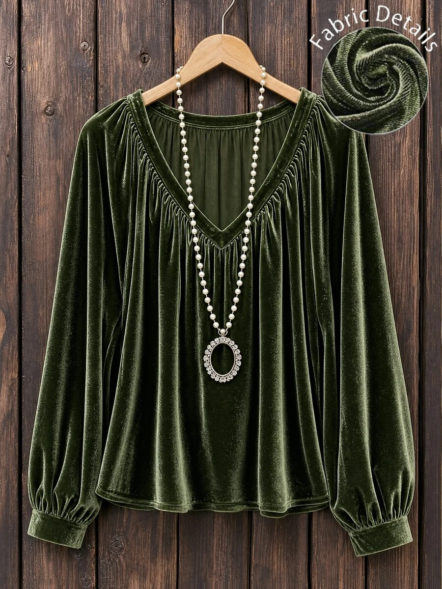 Linhara CURVE Elegant enfärgad långärmad blus för pendling, plus size, höst - Mörk Grön - Visa 1