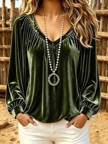 Linhara CURVE Plus Size Elegant Commuter Solid Color Long Sleeve Blouse Fall - Dark Green - View 1