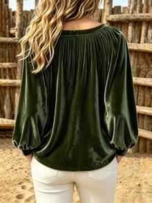 Linhara CURVE Plus Size Elegant Commuter Solid Color Long Sleeve Blouse Fall - Dark Green - View 2
